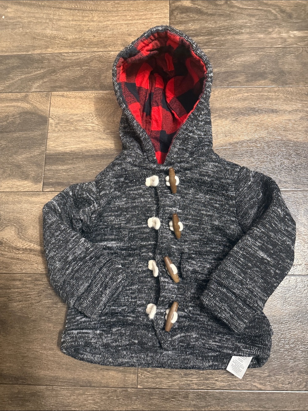 Carter's Black Heather Hooded Cardigan with Red Plaid Lining